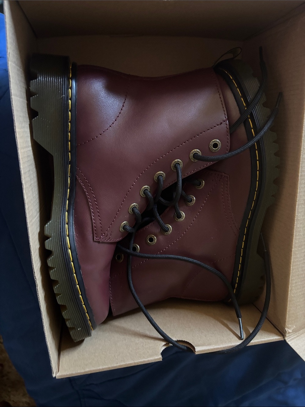 Dr. Martens Burgundy Leather Boots with Yellow Stitching
